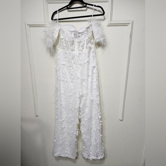 Lulus Midnight Sparkle White Mesh Embroidered Feather Bustier Jumpsuit XL Bridal - Picture 8 of 9